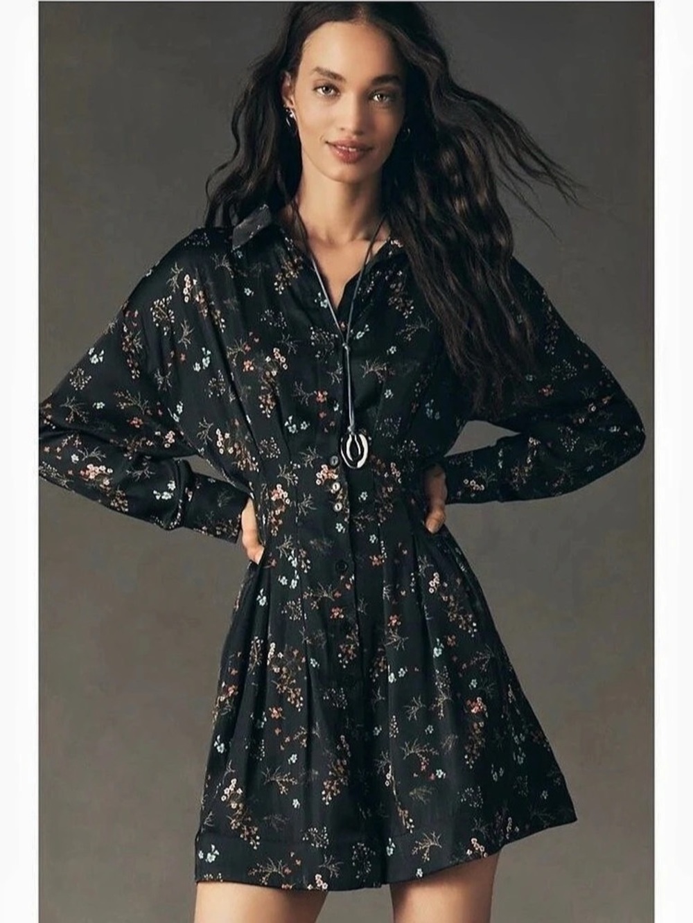Anthropologie Exquise Tobie Long-Sleeve Satin Mini Shirt Dress Medium Black